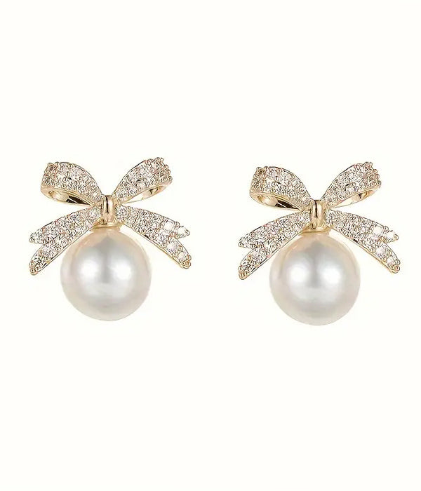 RHINESTONE BOW AND PEARL EARRING
