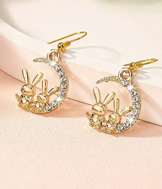 TWO RABBIT AND MOON EARRING
