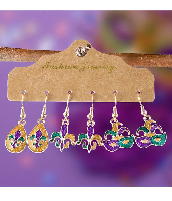 MARDI GRAS THEME 3 PAIR EARRING SET