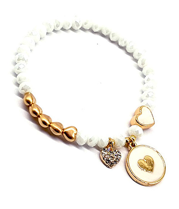 HEART DISC CHARM FACET STONE AND PEARL MIX STRETCH BRACELET