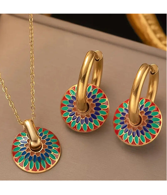 FLOWER PAINT DISC NECKLACE EARRING SET