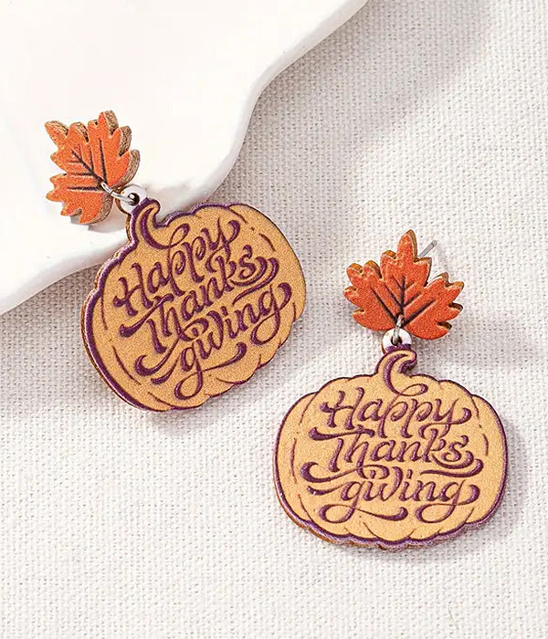 THANKSGIVING THEME WOOD EARRING - PUMPKIN