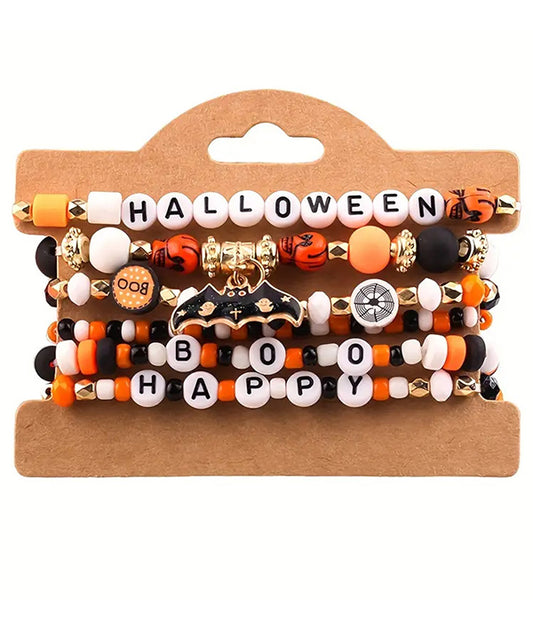 HALLOWEEN THEME MIX CLAY BEAD 6 STRETCH BRACELET SET - BAT