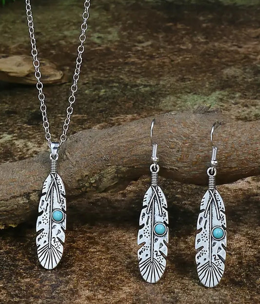 VINTAGE FEATHER PENDANT NECKLACE AND EARRING SET