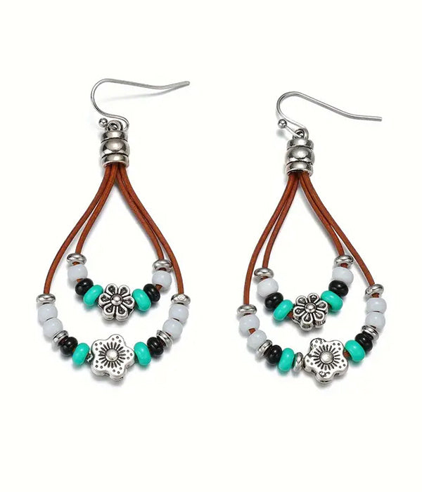 FLOWER BEAD AND DOUBLE LAYER TEARDROP EARRING