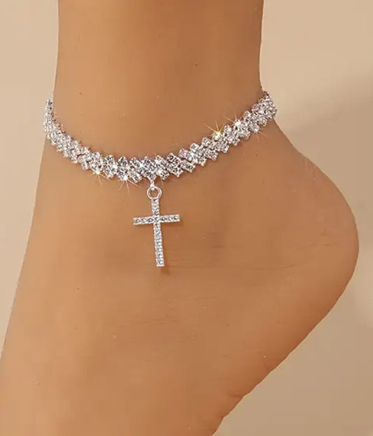 RHINESTONE CROSS ANKLET