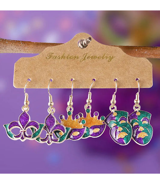 MARDI GRAS THEME 3 PAIR EARRING SET