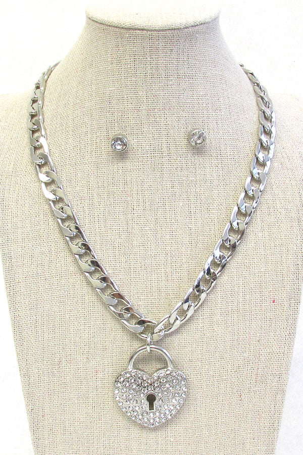 CHUNKY CUBAN CHAIN HEART PENDANT NECKLACE SET -valentine