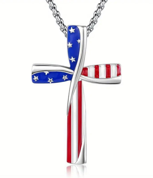 PATRIOTIC THEME AMERICAN FLAG CROSS NECKLACE