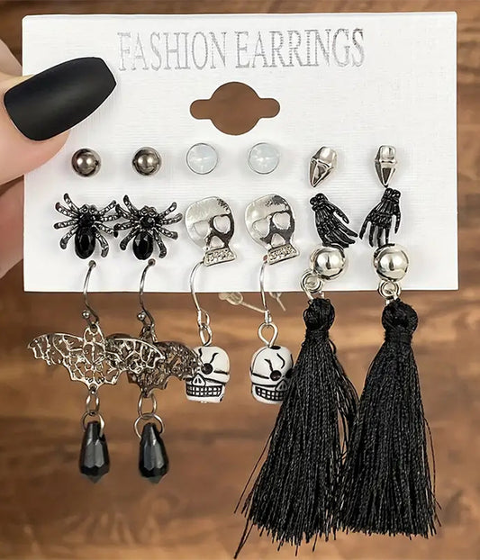 HALLOWEEN THEME 9 PAIR EARRING SET - SPIDER SKULL BAT