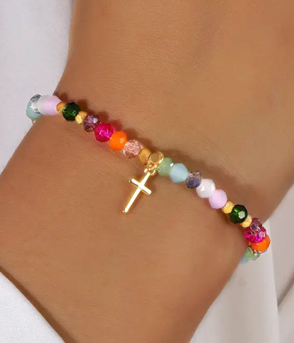 GLASS BEAD STRETCH BRACELET - CROSS