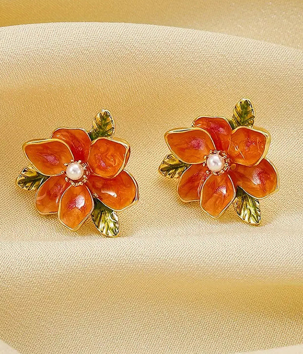 Elegant Orange Flower Pearl Stud Earrings