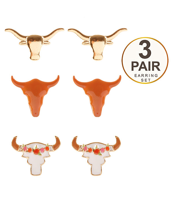 LONGHORN THEME 3 PAIR EARRING SET