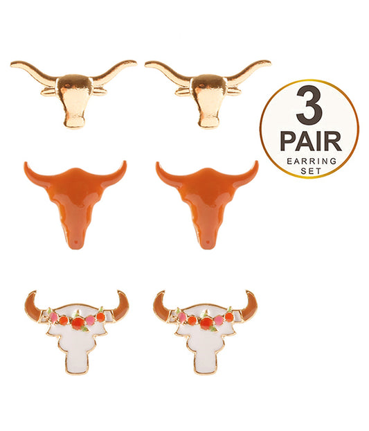 LONGHORN THEME 3 PAIR EARRING SET