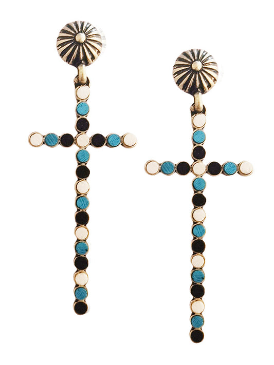 MULTI BUTTON BEAD MIX SKINNY CROSS EARRING