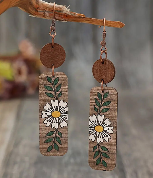 VINTAGE FLOWER PRINT WOOD BAR EARRING