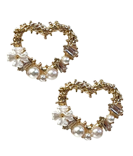 GARDEN THEME FLOWER AND PEARL MIX HEART EARRING