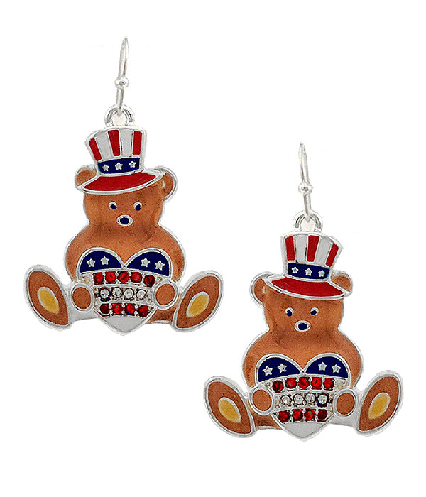 PATRIOTIC THEME AMERICAN FLAG TEDDY BEAR EARRING