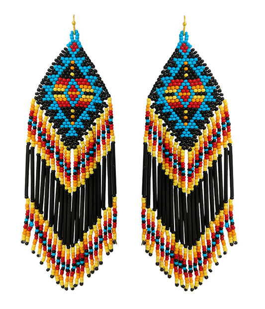 HANDMADE MULTI SEEDBEAD TASSEL DROP AZTEC PATTERN EARRING