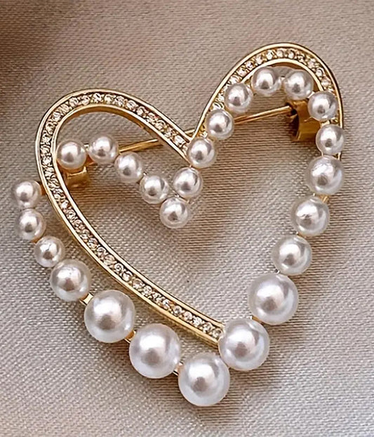 RHINESTONE AND PEARL DOUBLE HEART BROOCH