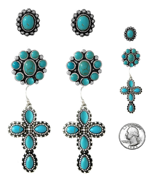 TURQUOISE 3 PAIR EARRING SET - WESTERN