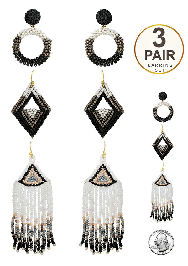 HANDMADE MULTI SEEDBEAD TASSEL DROP 3 PAIR EARRING SET