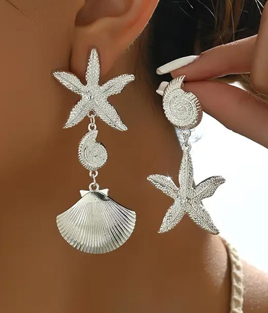 SEALIFE THEME STARFISH AND SHELL DROP EARRING