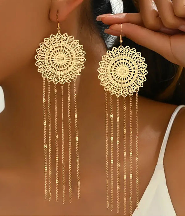 METAL FILIGREE FLOWER AND CHAIN TASSEL DROP EARRING