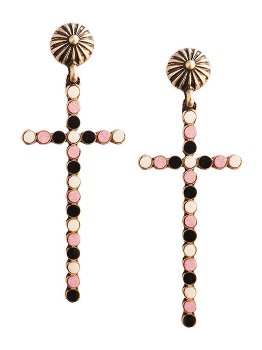 MULTI BUTTON BEAD MIX SKINNY CROSS EARRING