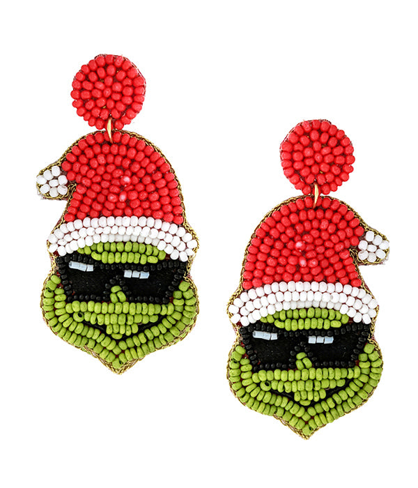 HANDMADE CHRISTMAS THEME MULTI SEEDBEAD EARRING - GRINCH