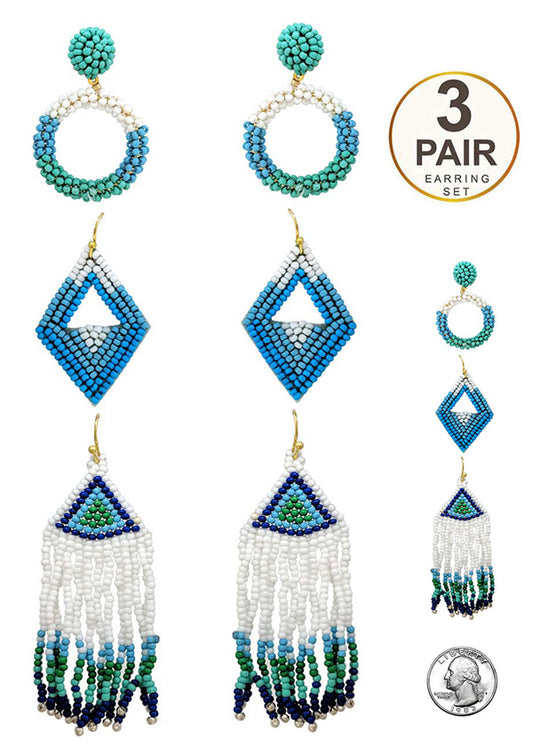 HANDMADE MULTI SEEDBEAD TASSEL DROP 3 PAIR EARRING SET