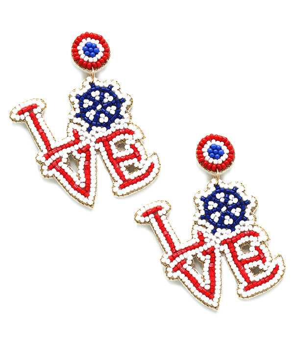 HANDMADE MULTI SEEDBEAD AMERICAN FLAG THEME EARRING - LOVE