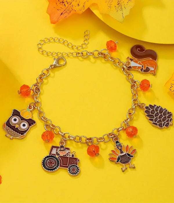 THANKSGIVING THEME MULTI CHARM BRACELET - OWL TURKEY SQUIRREL