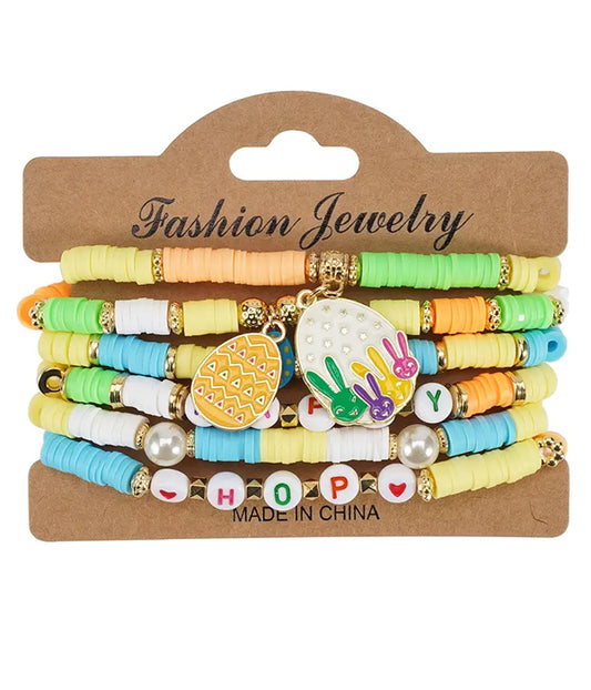 EASTER THEME 6 STRETCH BRACELET SET - RABBIT EGG