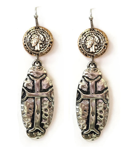 VINTAGE METAL COIN AND CROSS DROP EARRING