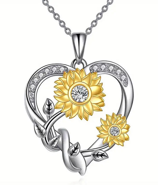 SUNFLOWER AND HEART PENDANT NECKLACE