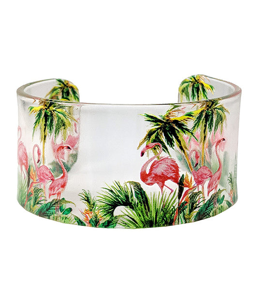 TROPICAL THEME TRANSPARENT ACRYLIC WIDE BANGLE BRACELET - FLAMINGO PALM TREE