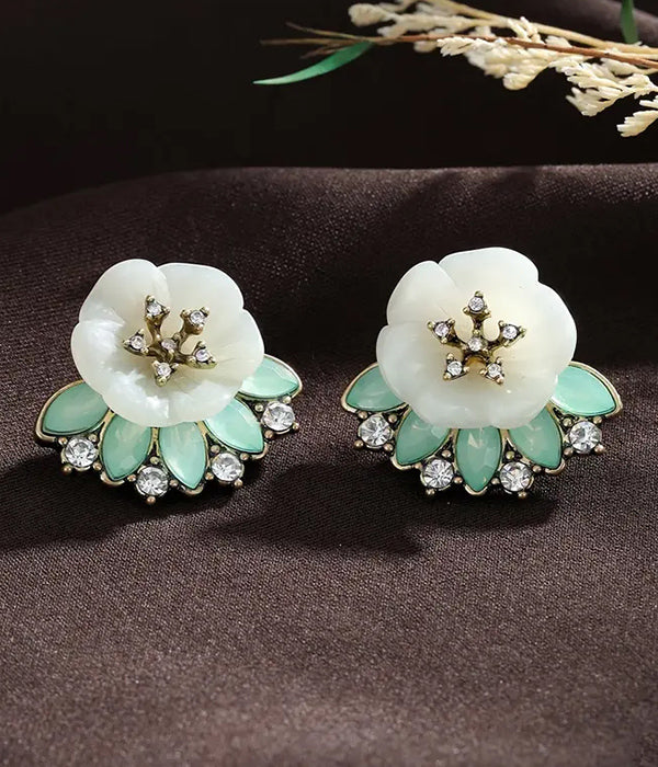 Vintage Floral Mint Crystal Stud Earrings