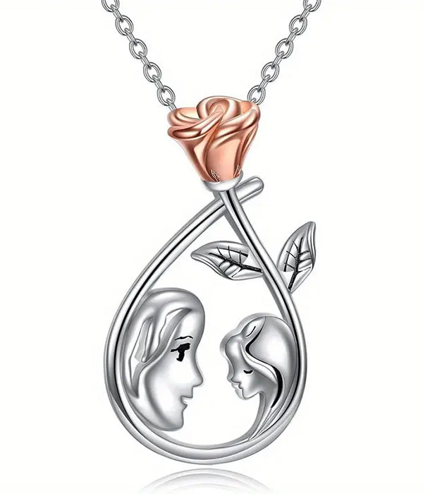 MOM AND DAUGHTER THEME ROSE TEARDROP PENDANT NECKLACE