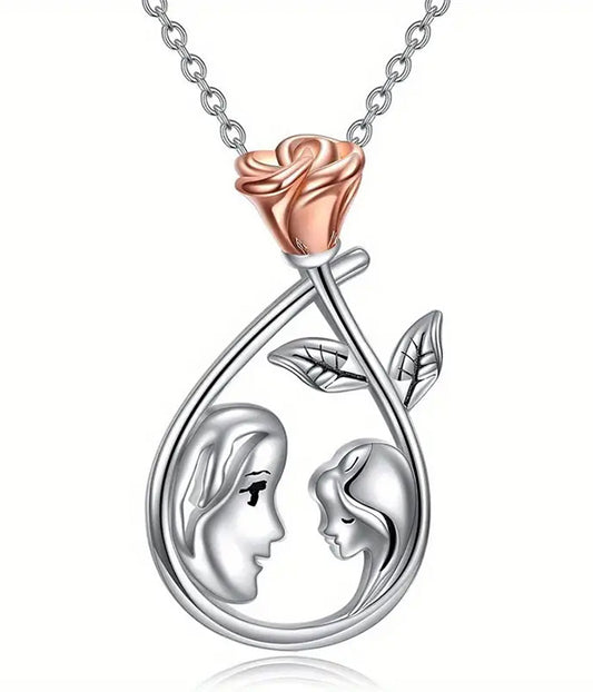 MOM AND DAUGHTER THEME ROSE TEARDROP PENDANT NECKLACE