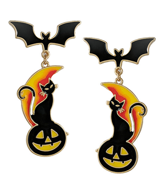 HALLOWEEN THEME MULTI CHARM DROP EARRING - BAT CAT PUMPKIN