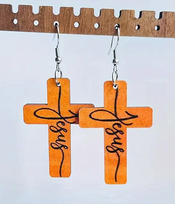 JESUS CROSS WOOD EARRING