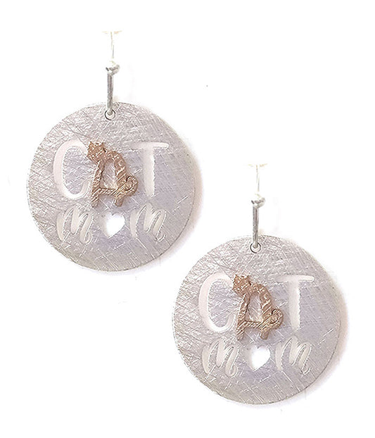 PET LOVERS THEME SCRATCH METAL EARRING - CAT MOM - BRASS METAL