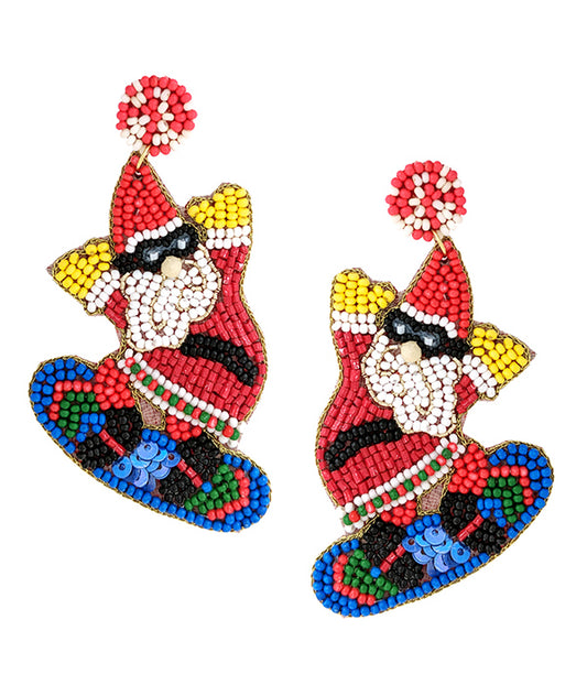 HANDMADE CHRISTMAS THEME MULTI SEEDBEAD EARRING - SURFING SANTA