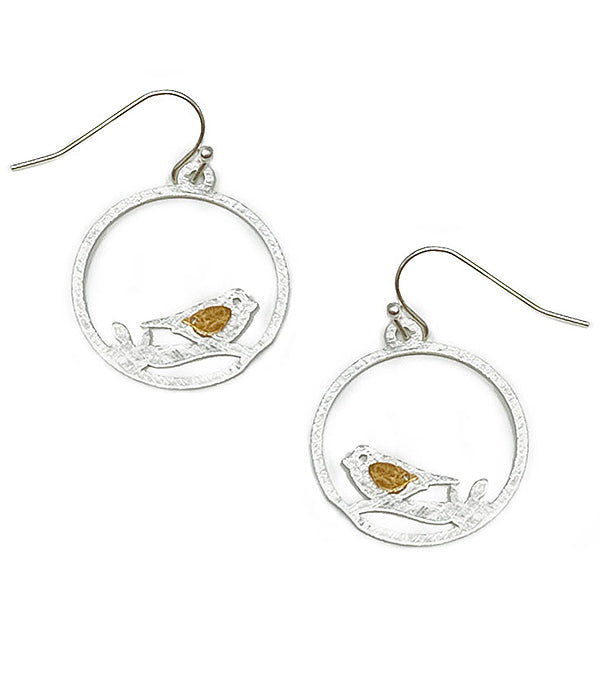 SCRATCH METAL BIRD ON BRANCH HOOP EARRING - BRASS METAL