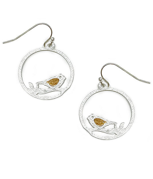 SCRATCH METAL BIRD ON BRANCH HOOP EARRING - BRASS METAL