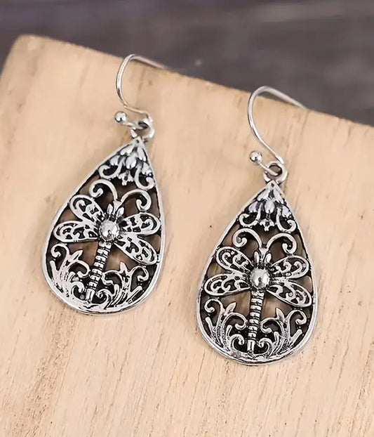 METAL FILIGREE DRAGONFLY TEARDROP EARRING