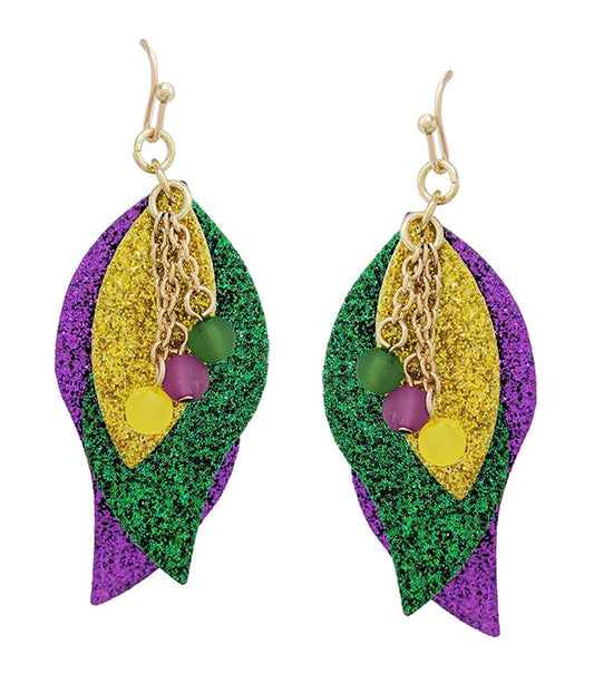 MARDI GRAS THEME GLITTER FABRIC AND BEAD DROP EARRING