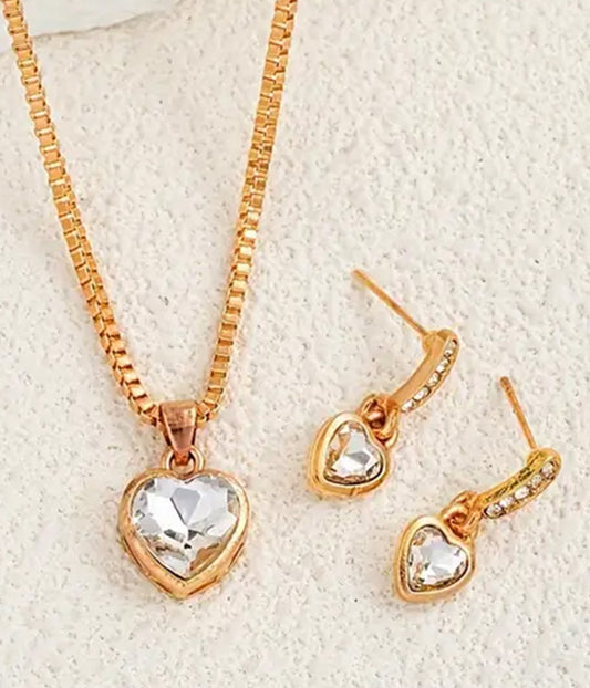 CUBIC ZIRCONIA HEART NECKLACE EARRING SET