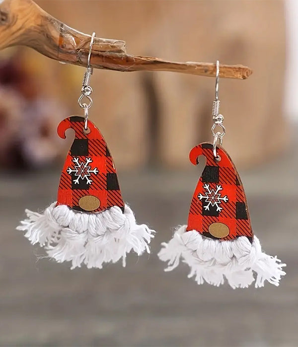 CHRISTMAS THEME GNOME HAT WOOD EARRING